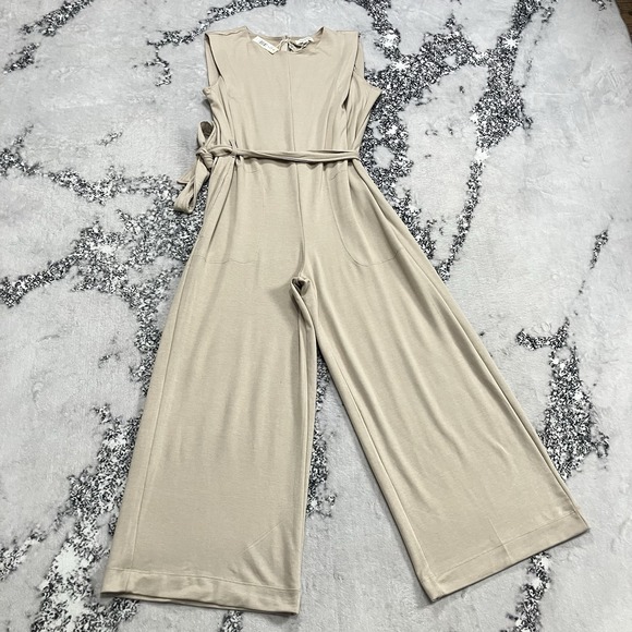 Max Studio Pants - Max Studio Wide Leg Jumpsuit Size Small NWT Beige Sleeveless Tie Waist Minimal